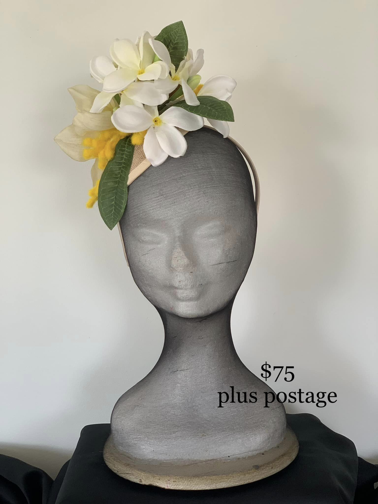 Frangipani Fresh Fascinator $75 plus postage