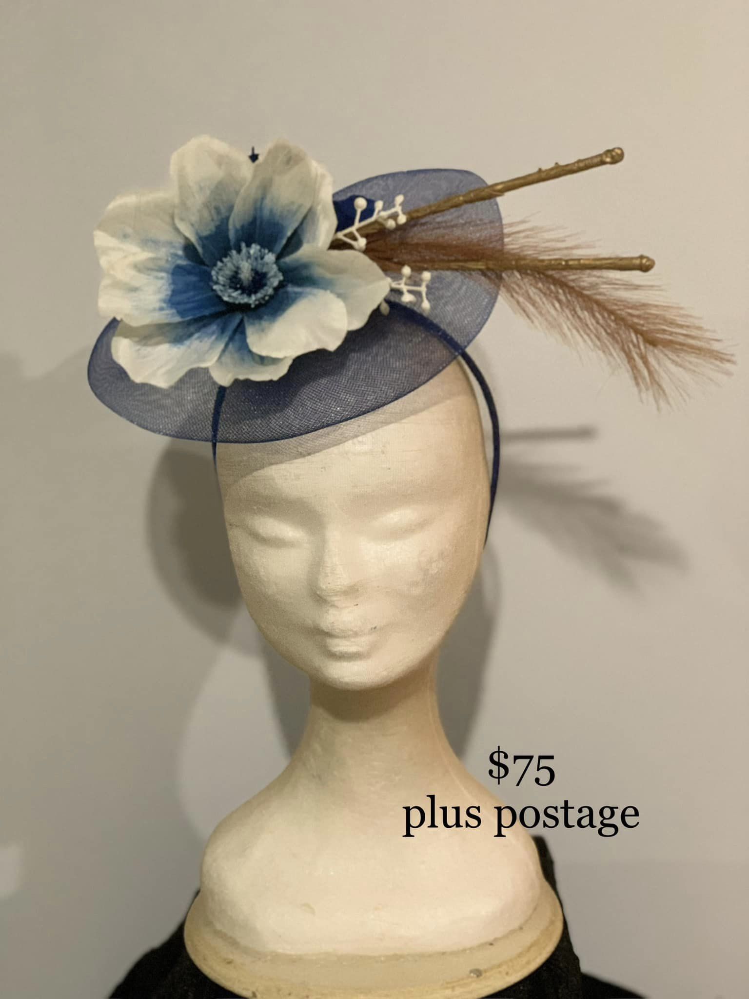 Navy and White Bloom Fascinator $75 plus postage